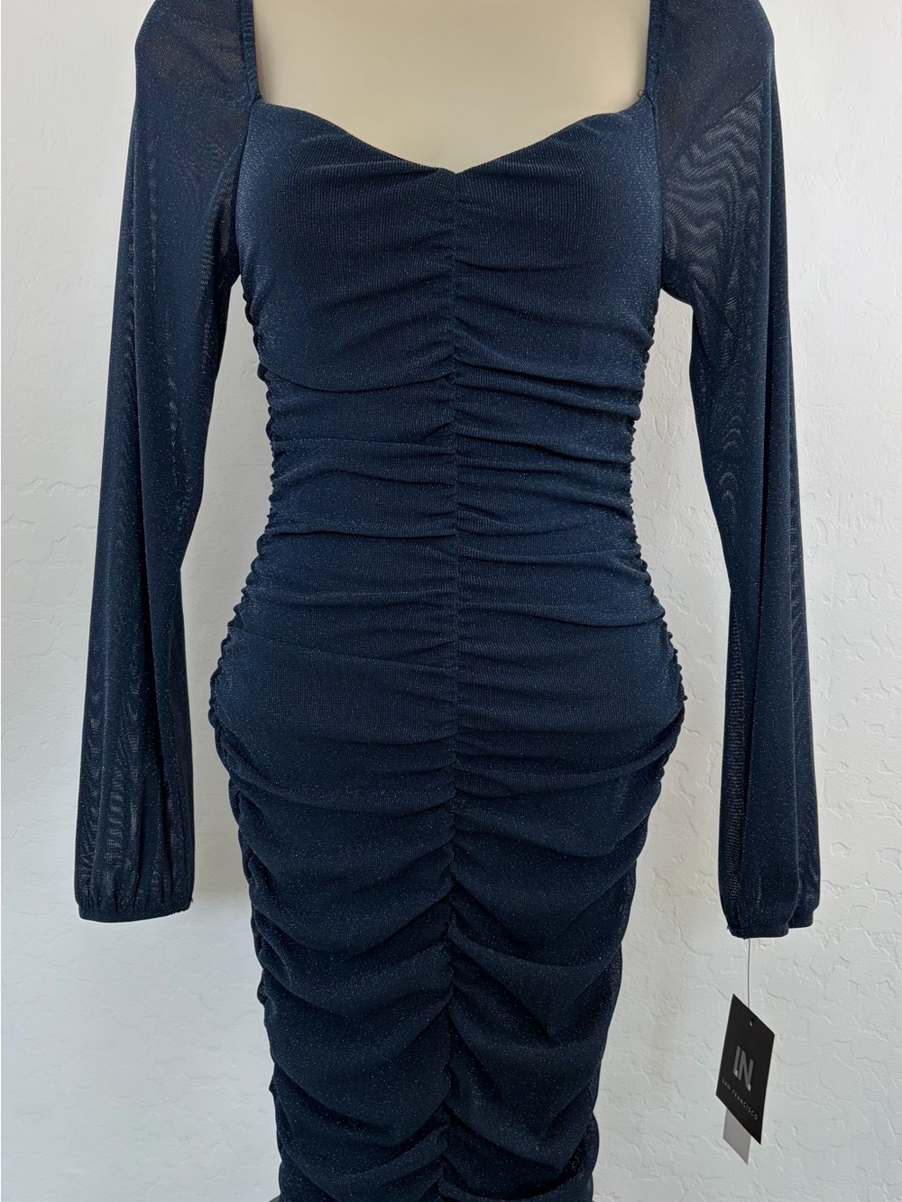 I.N. San Francisco Navy Ruched Long-Sleeve Sheer-Sleeve Dress